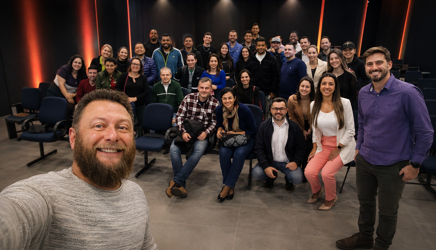 Bim Cardoso com a turma de participantes ao final de uma edição do workshop IA na Prática